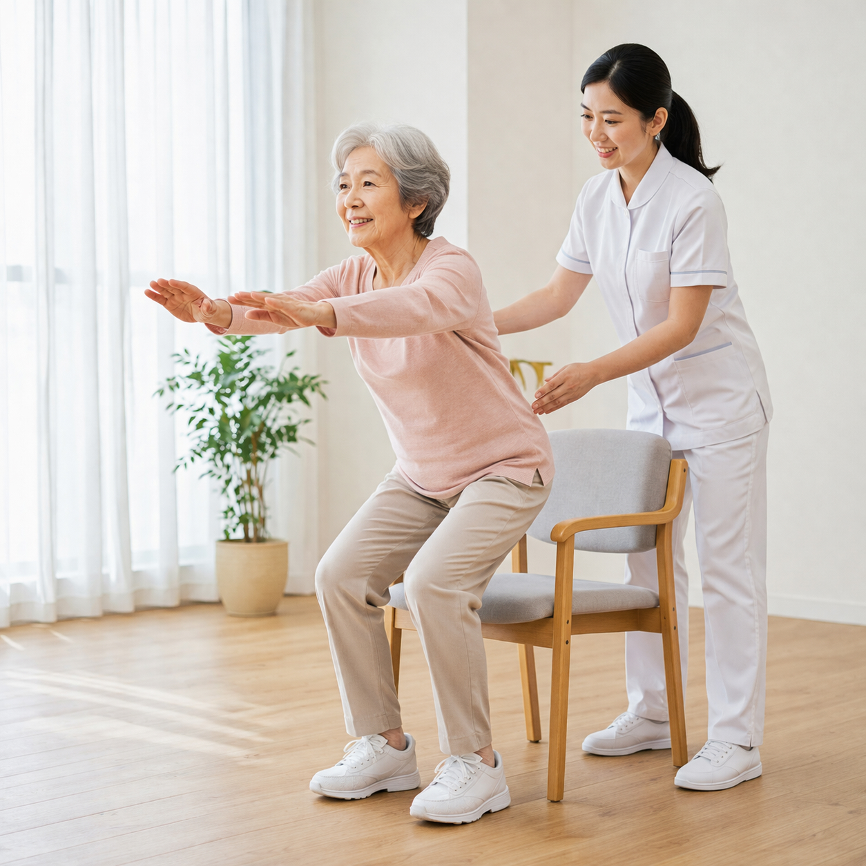 의자를 이용한 스쿼트 훈련 동작